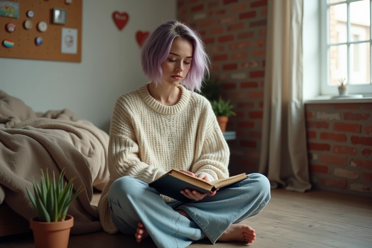 Jeune adulte demigirl assis sur un plancher en bois, écrivant dans un journal intime dans une chambre cosy avec décoration inclusive