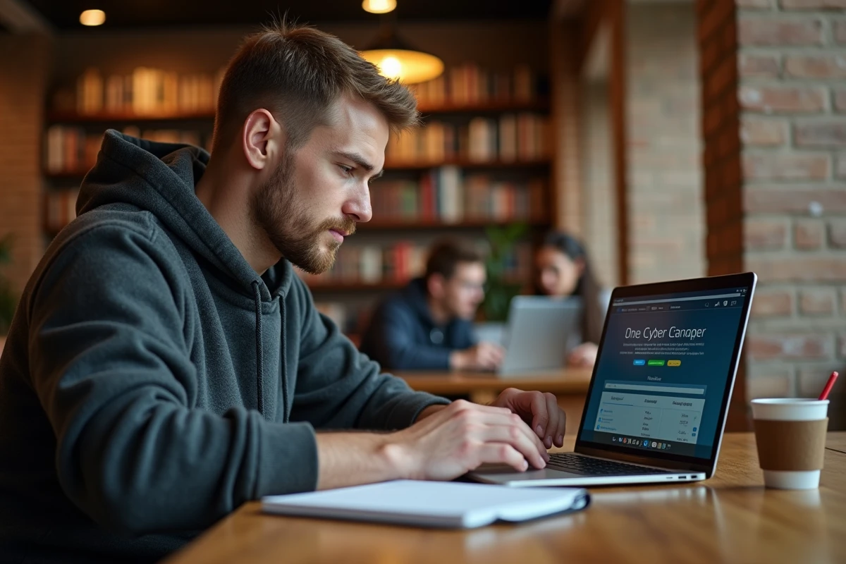 Étudiant en cybersécurité préparant sa certification sur un ordinateur portable dans un café universitaire