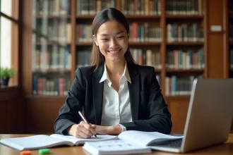 Étudiante en finance révisant ses cours dans une bibliothèque universitaire avec des manuels de finance ouverts et un ordinateur portable