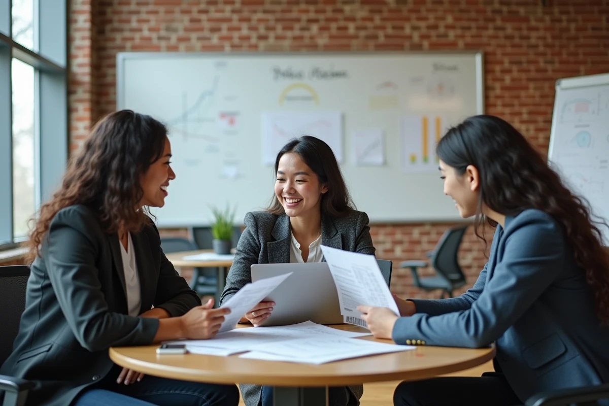 Groupe d'étudiants en école de commerce travaillant ensemble sur des rapports financiers dans une salle de cours moderne
