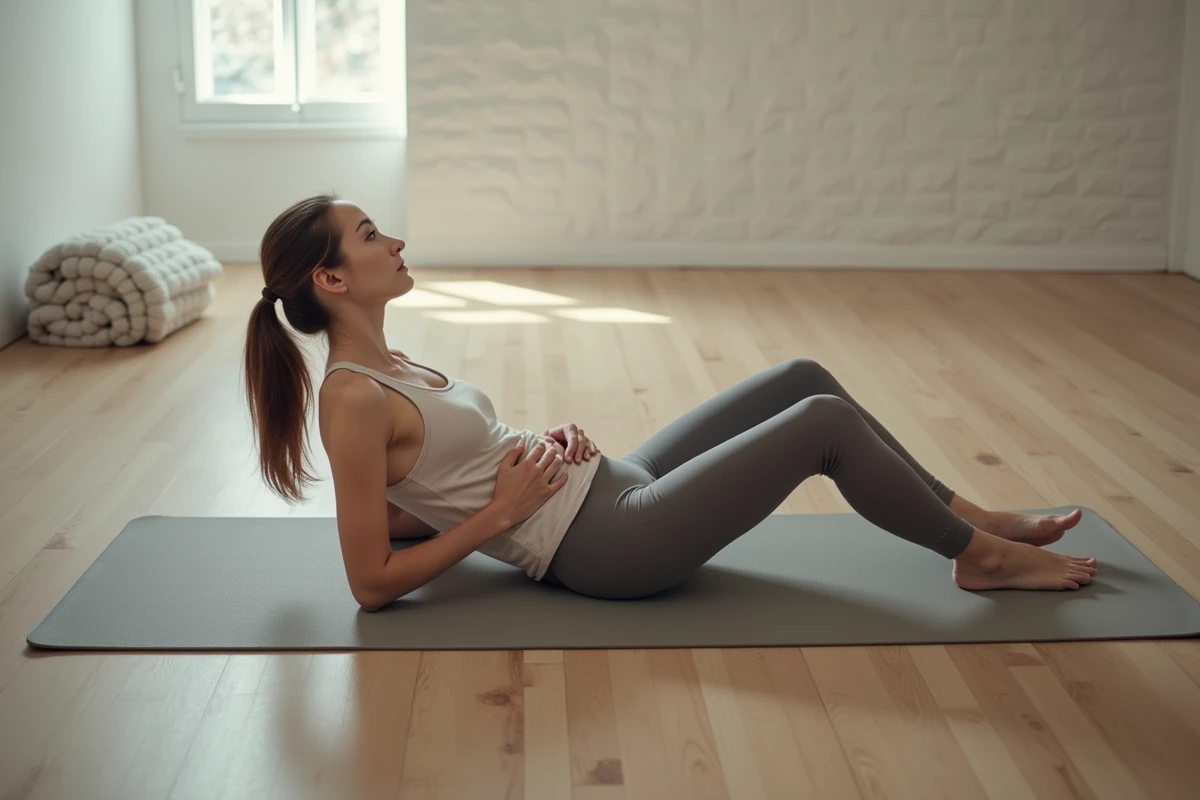 Jeune femme allongée sur un tapis de yoga, main sur le thorax, explorant des exercices de respiration difficile