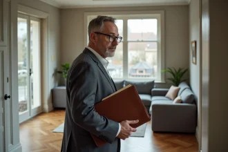 Expert immobilier masculin examinant l'intérieur d'un appartement lors d'une expertise immobilière