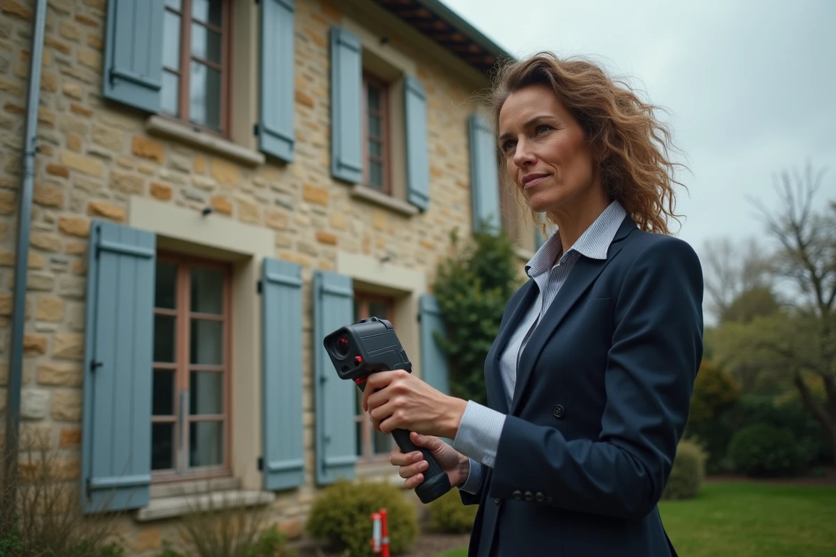 Experte immobilière mesurant la façade d'une maison en pierre lors d'une évaluation immobilière extérieure