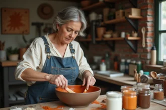 Femme mélangeant de la peinture maison à base de pigments naturels dans un atelier artisanal