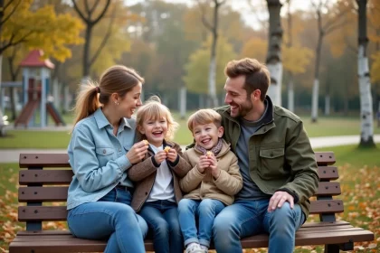 Famille heureuse dans un parc urbain scandinave, illustrant les conditions idéales pour élever des enfants dans les meilleurs pays du monde