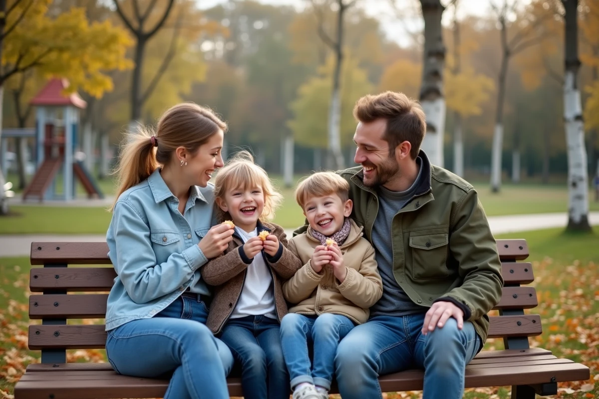 Famille heureuse dans un parc urbain scandinave, illustrant les conditions idéales pour élever des enfants dans les meilleurs pays du monde