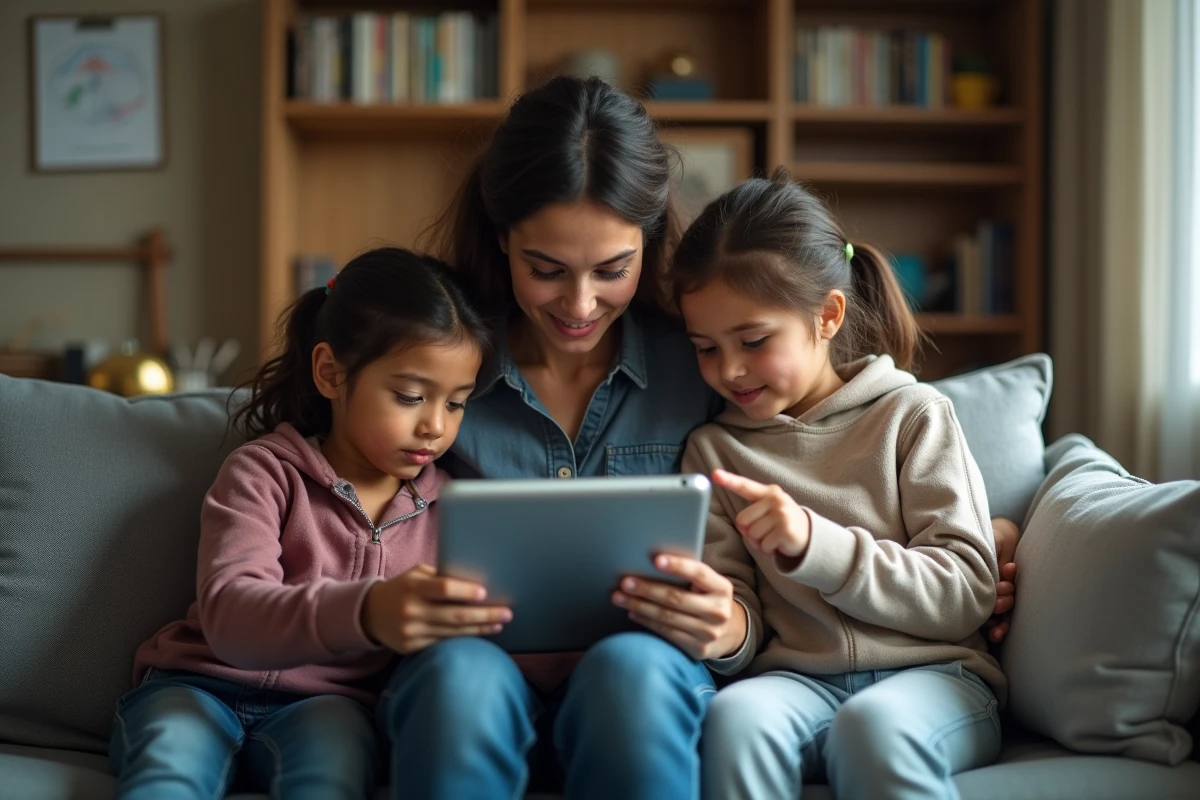 Mère célibataire et ses enfants consultant une tablette numérique ensemble dans un salon, illustrant la famille monoparentale moderne