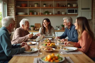 Famille multigénérationnelle réunie autour d'une table à manger dans une cuisine moderne, représentant les liens familiaux contemporains