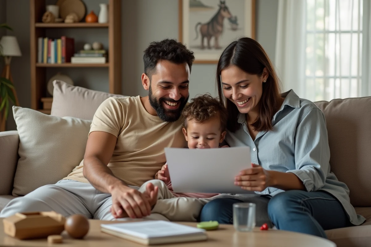 Une famille avec un enfant adopté consulte des informations sur la prime d'adoption dans leur salon, illustrant l'aspect concret de l'aide financière à l'adoption