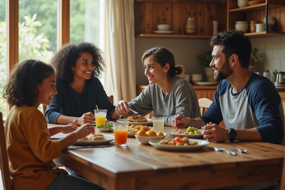 Famille recomposée autour d'un repas convivial dans une cuisine chaleureuse, parents et enfants souriants partageant un moment ensemble