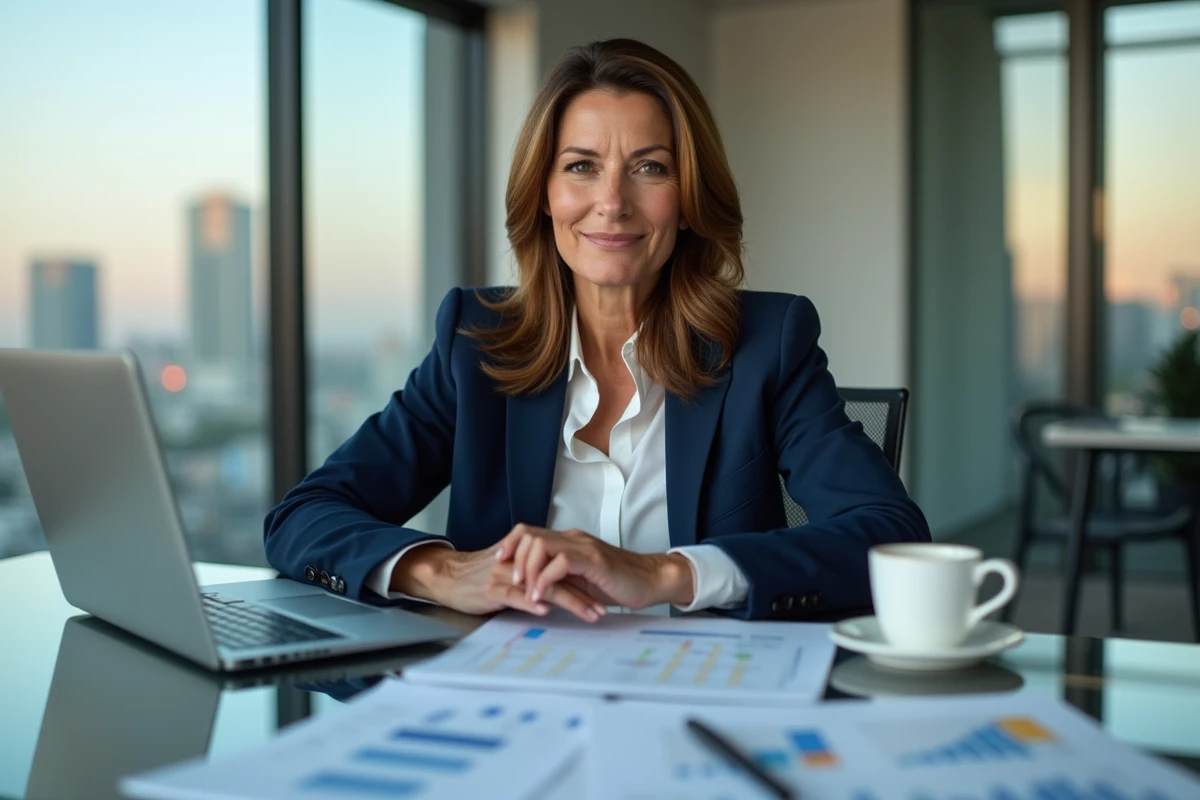 Femme d'affaires analysant des documents financiers dans un bureau moderne pour maximiser ses revenus