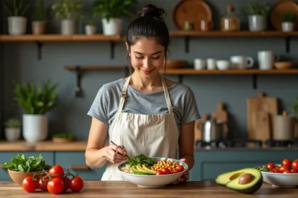 Femme préparant un Buddha bowl végétarien coloré dans une cuisine naturelle en bois