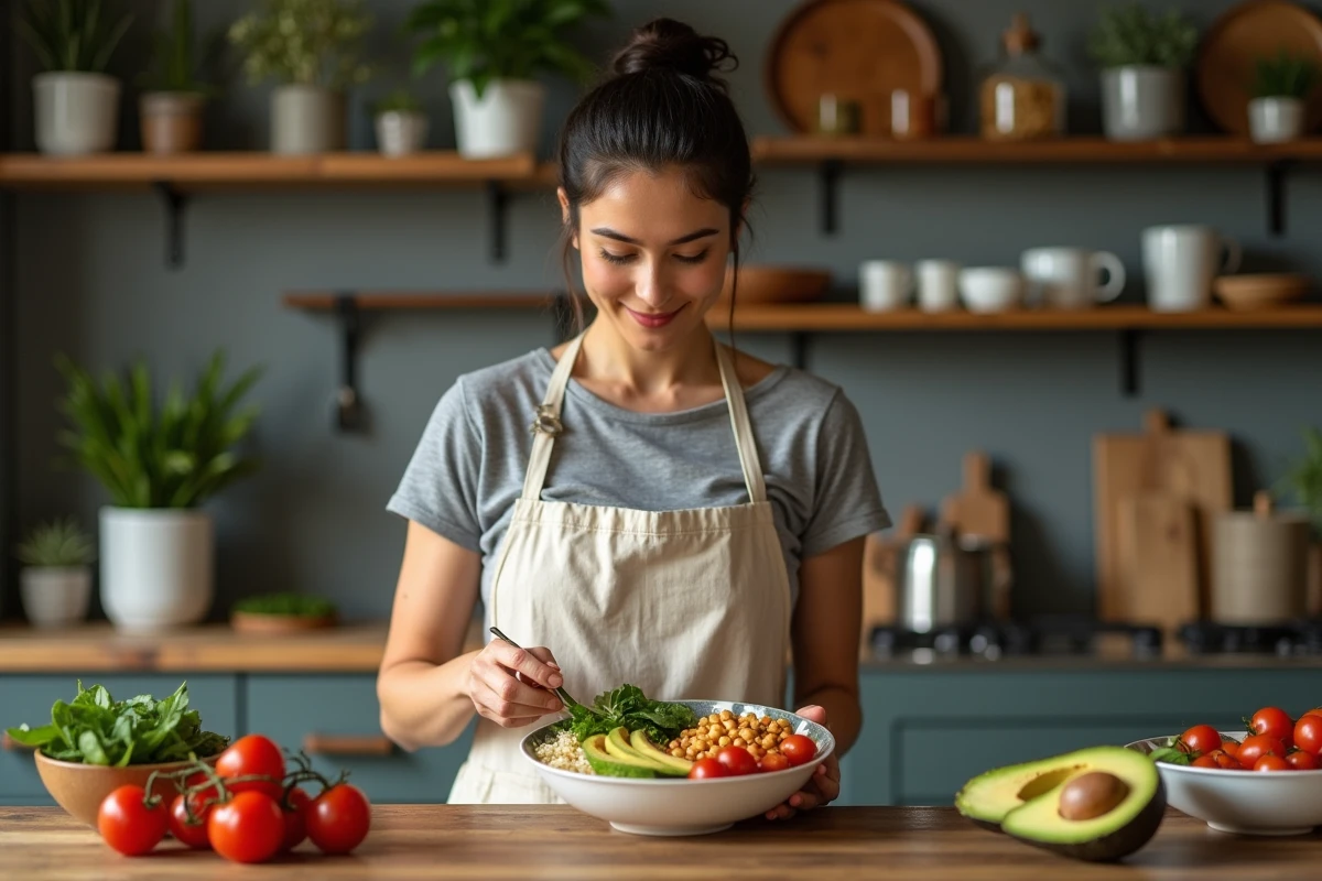 Femme préparant un Buddha bowl végétarien coloré dans une cuisine naturelle en bois