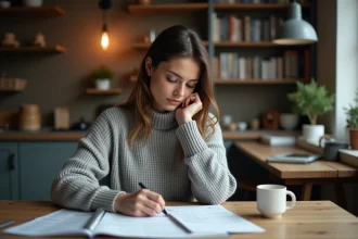 Femme analysant ses finances personnelles à une table en bois, comparant épargne et investissement sur des documents budgétaires