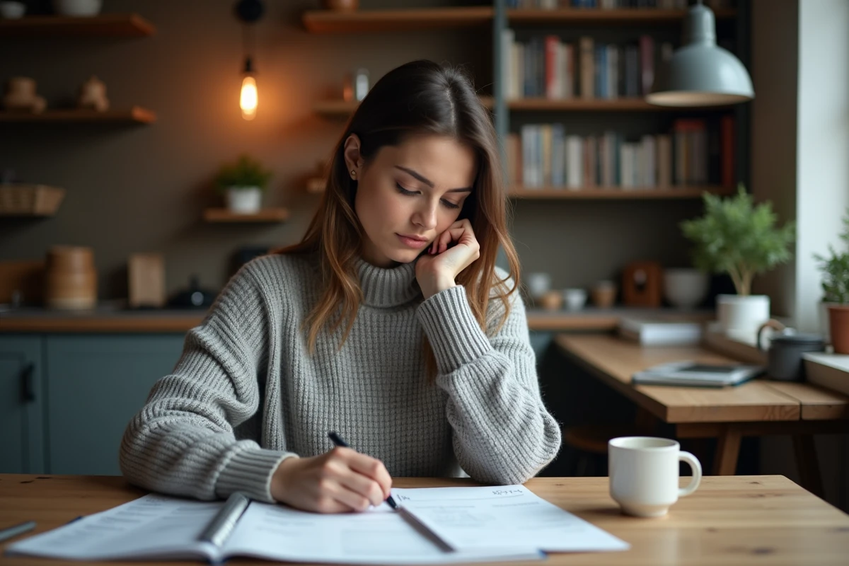Femme analysant ses finances personnelles à une table en bois, comparant épargne et investissement sur des documents budgétaires