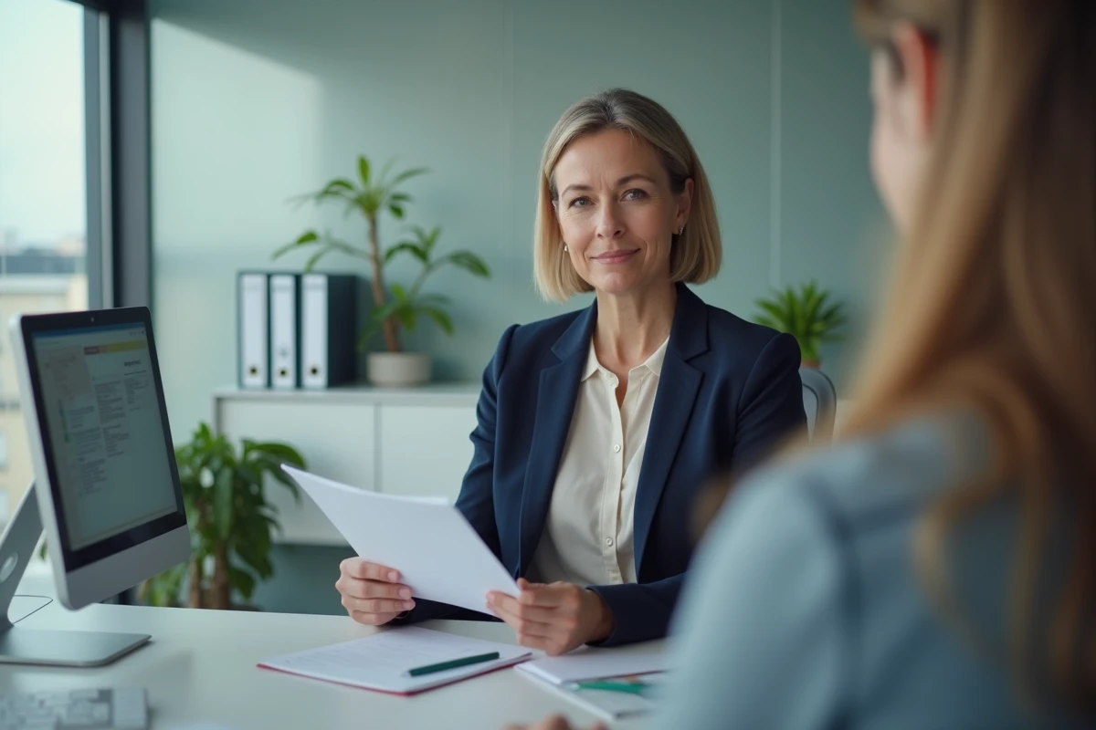 Une femme en démarche administrative dans un bureau officiel pour se renseigner sur le montant de la prime d'adoption versée par la CAF