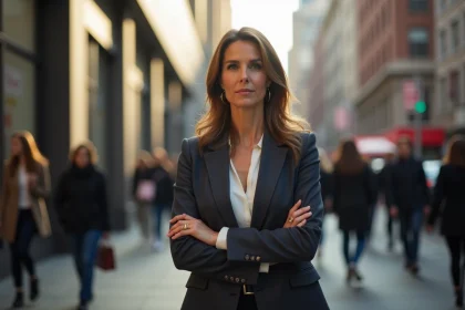Femme charismatique dans la rue attirant l'attention des passants, illustrant ce qui fait d'une personne une célébrité