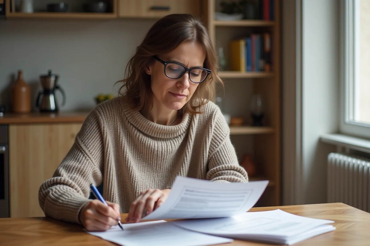 Femme consultant des documents fiscaux pour une location meublée avec abattement de 92%