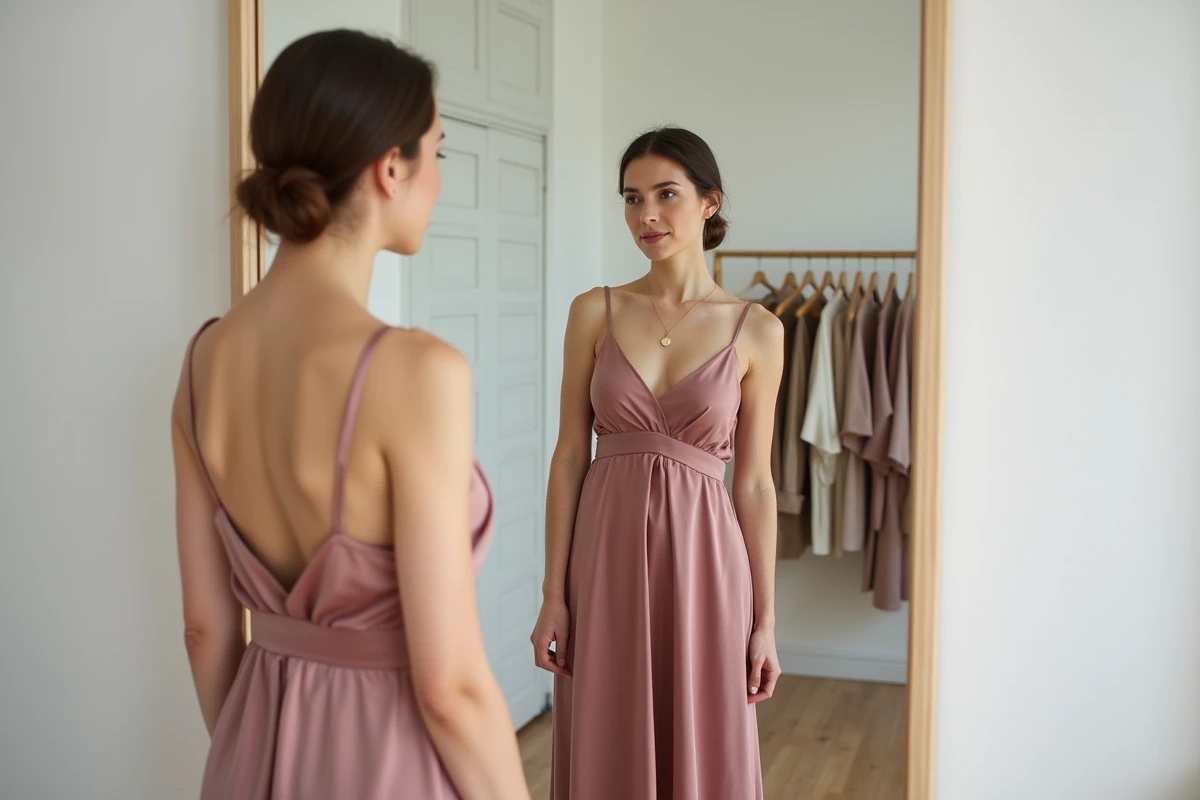 Femme devant un miroir en robe midi en soie rose poudré dans un dressing minimaliste chic