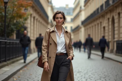 Femme élégante en trench coat beige marchant dans une rue parisienne pavée avec un sac en cuir structuré