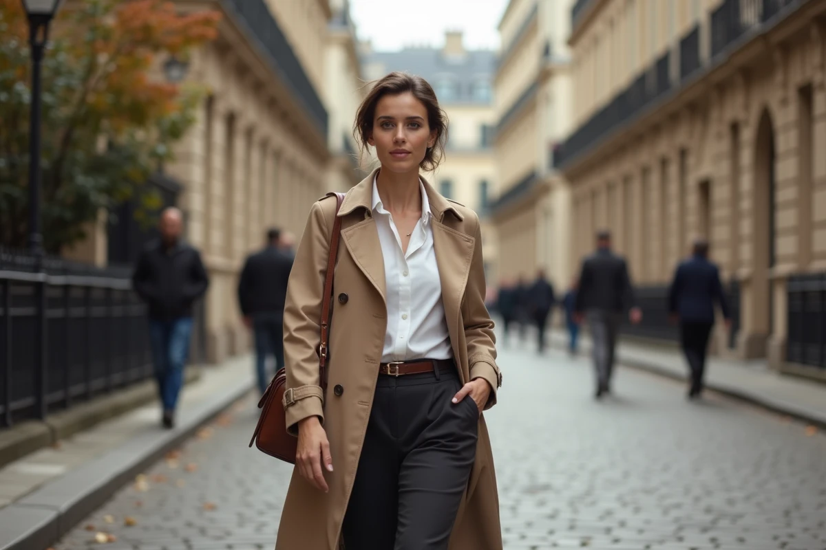Femme élégante en trench coat beige marchant dans une rue parisienne pavée avec un sac en cuir structuré