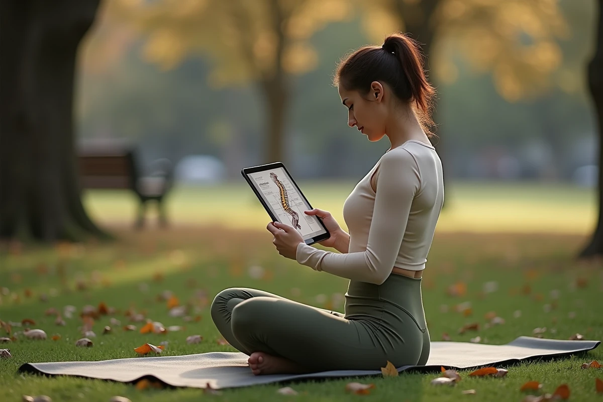 Femme étudiant l'anatomie du chakrasana sur tablette assise en tailleur dans un parc urbain