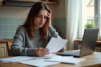 Femme inquiète lisant un courrier administratif concernant l'allocation de soutien familial à la maison