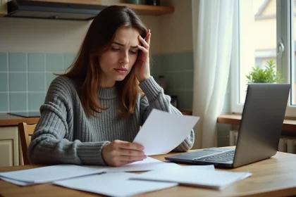 Femme inquiète lisant un courrier administratif concernant l'allocation de soutien familial à la maison