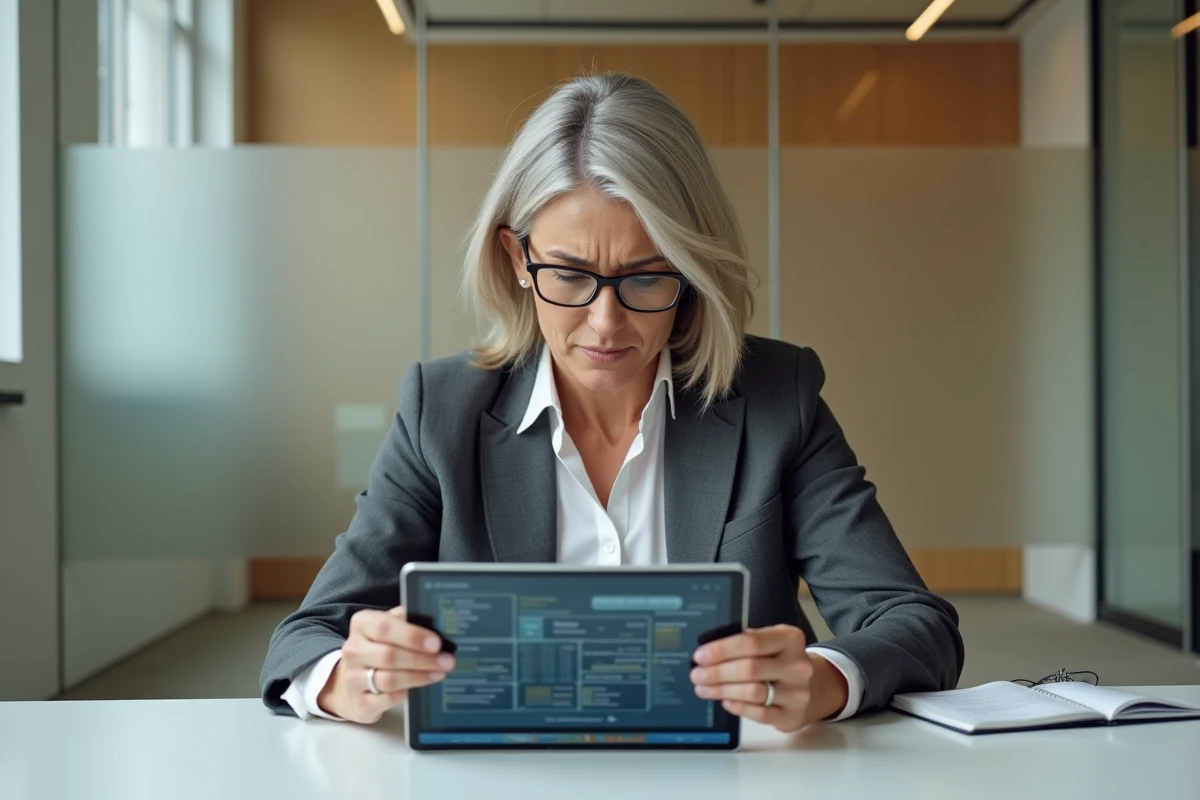 Femme d'affaires en difficulté avec une interface graphique confuse sur une tablette tactile en salle de réunion