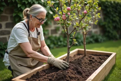 Femme jardinière entretenant un jeune pommier dans un jardin potager ensoleillé avec un sol riche et un mur en pierre