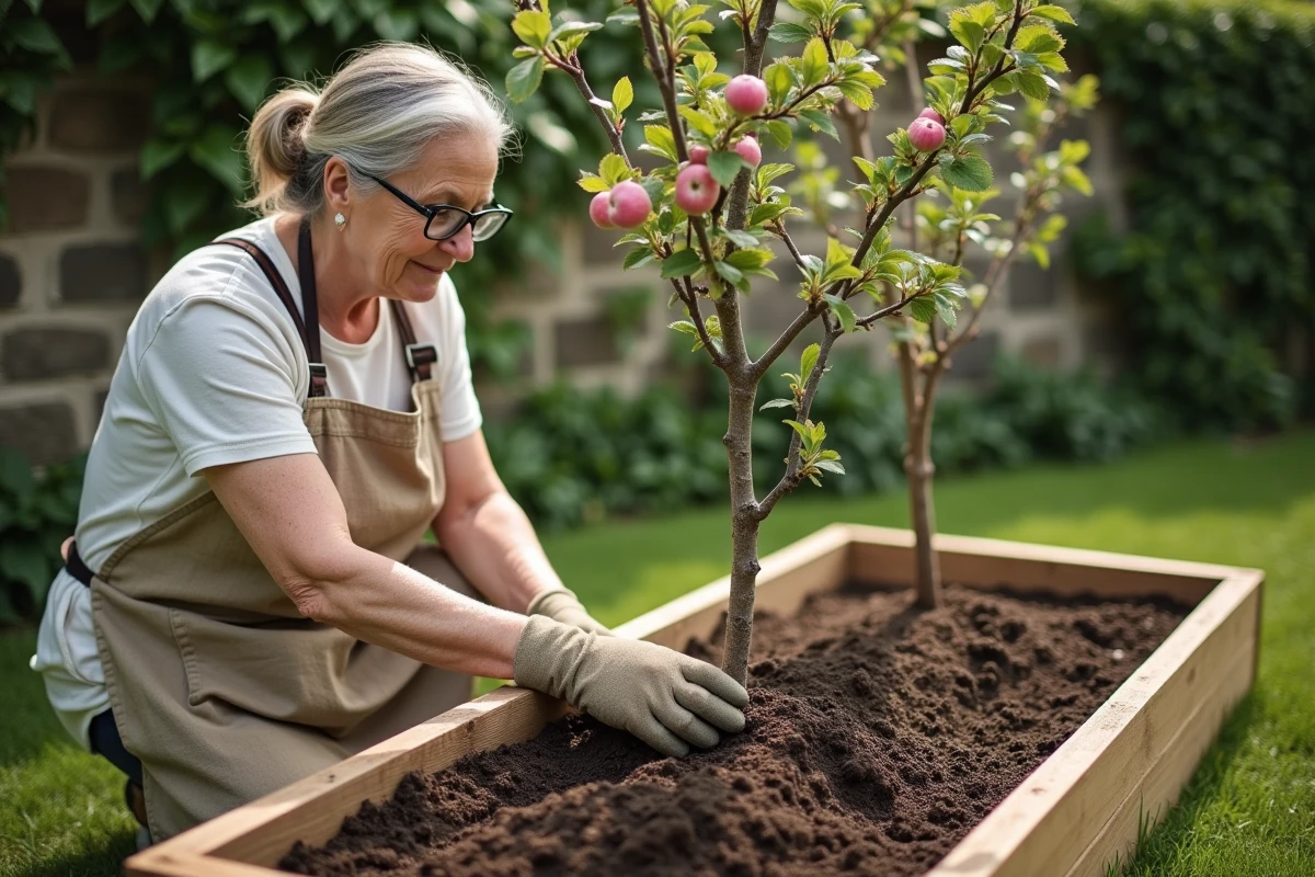 Femme jardinière entretenant un jeune pommier dans un jardin potager ensoleillé avec un sol riche et un mur en pierre