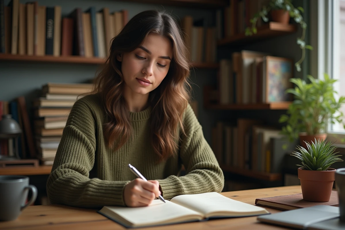 Jeune femme écrivant dans un journal intime à son bureau, illustrant la réflexion personnelle et le processus de résilience psychologique