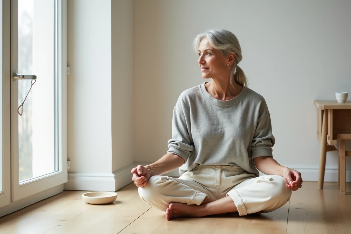 Femme méditant paisiblement assise en tailleur sur un parquet en bois dans un intérieur minimaliste, les mains posées sur les genoux et un léger sourire serein