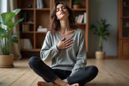 Femme méditant avec la main sur la poitrine, illustrant la gestion des émotions et de l'humeur par le cerveau