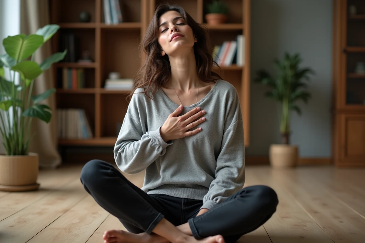 Femme méditant avec la main sur la poitrine, illustrant la gestion des émotions et de l'humeur par le cerveau