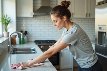 Femme faisant le ménage rapide dans sa cuisine moderne en essuyant le plan de travail avec un chiffon microfibre