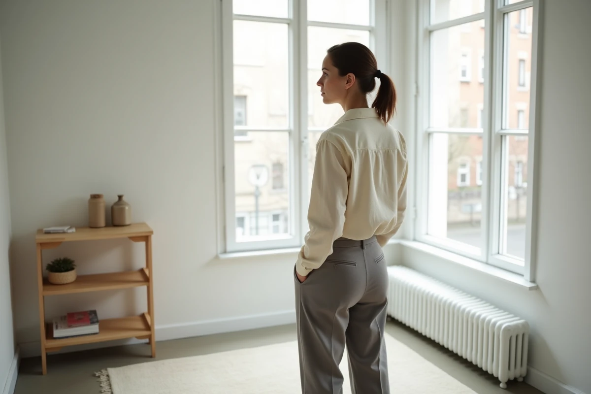 Femme minimaliste en lin beige debout dans un appartement épuré aux murs blancs, regardant par une grande fenêtre, illustrant le mode de vie minimaliste féminin