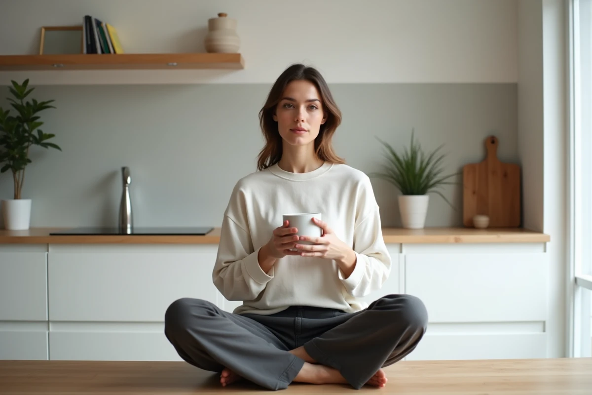 Jeune femme au style minimaliste tenant une tasse en céramique dans une cuisine blanche dépouillée, incarnant la simplicité volontaire et le minimalisme au quotidien