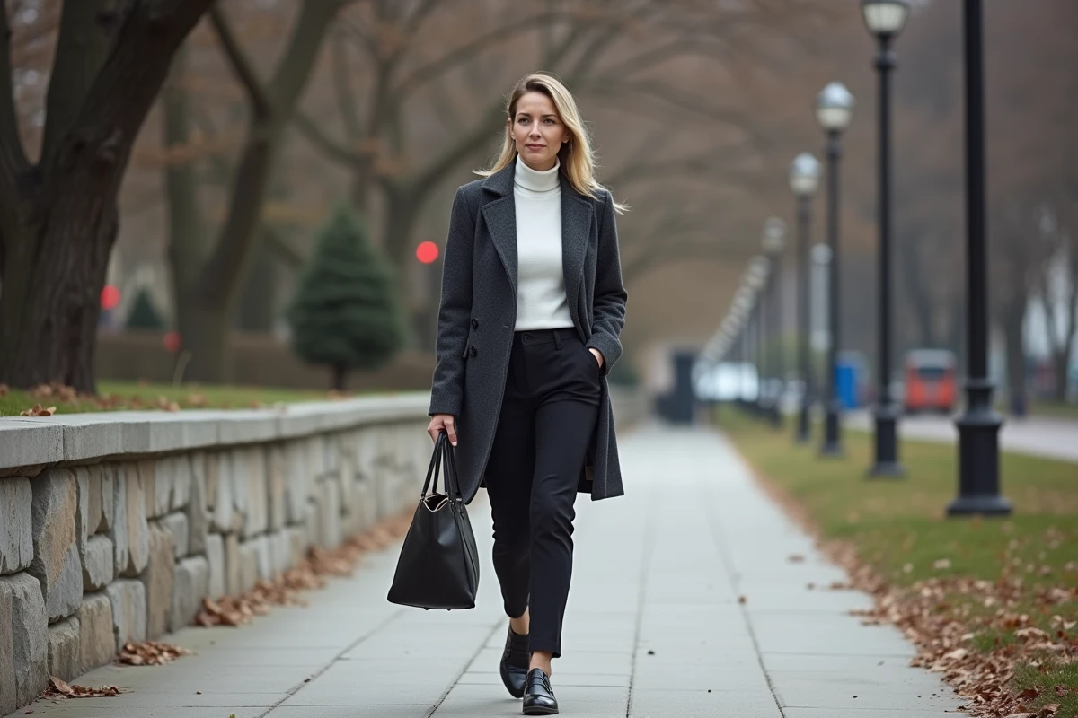 Femme élégante et minimaliste marchant en ville en manteau gris et tenue épurée, représentant l'esthétique et le style de vie minimaliste féminin en milieu urbain