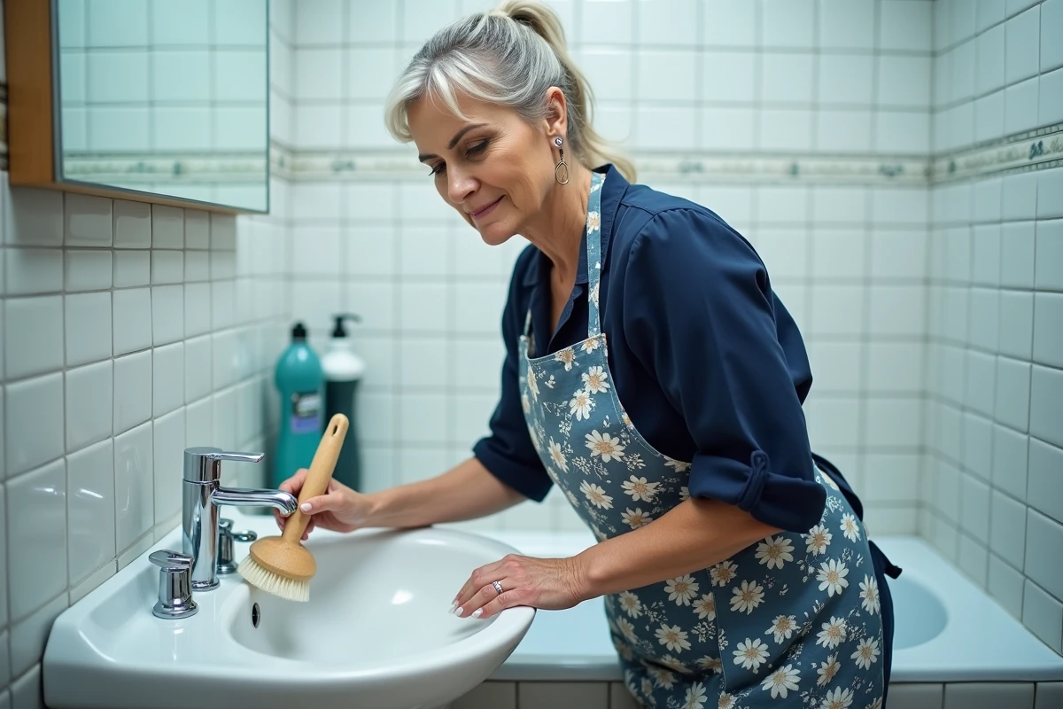 Femme nettoyant le lavabo de salle de bain avec une brosse lors d'un ménage complet fait en deux heures