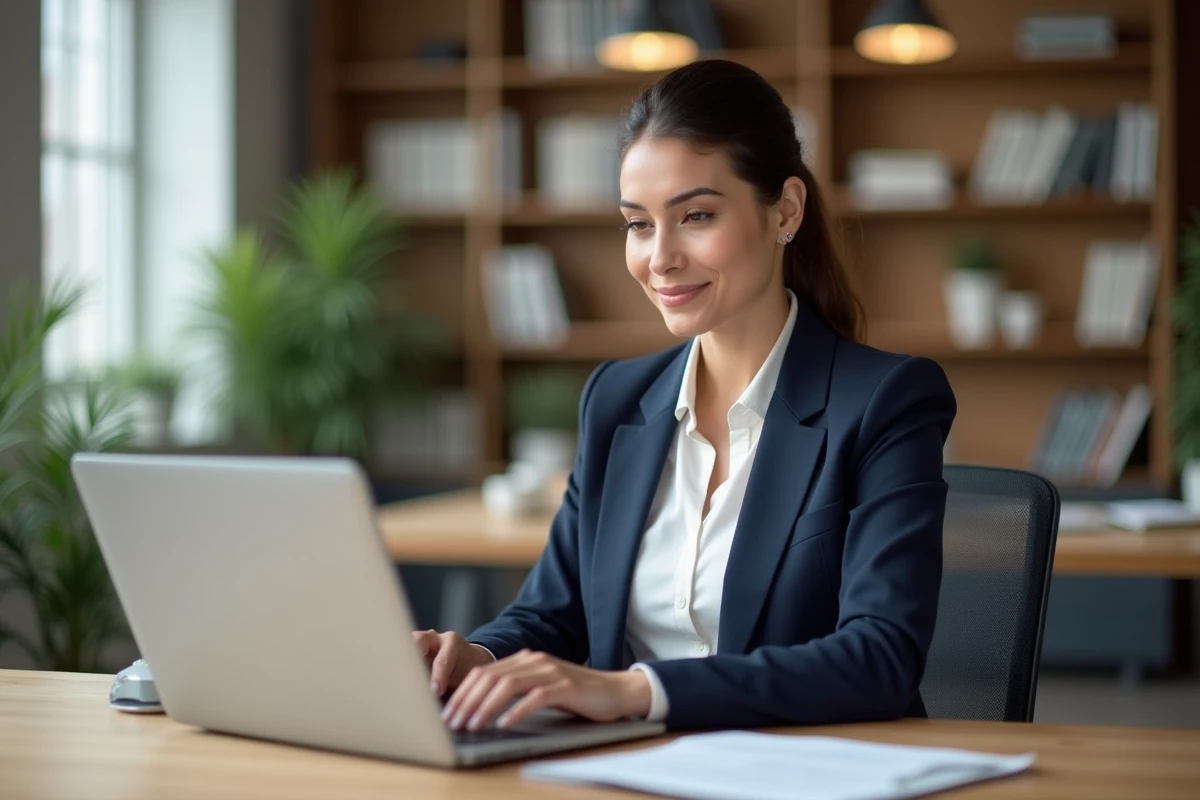 Une professionnelle utilisant l'IA sur son ordinateur portable pour rédiger un business plan dans un bureau moderne