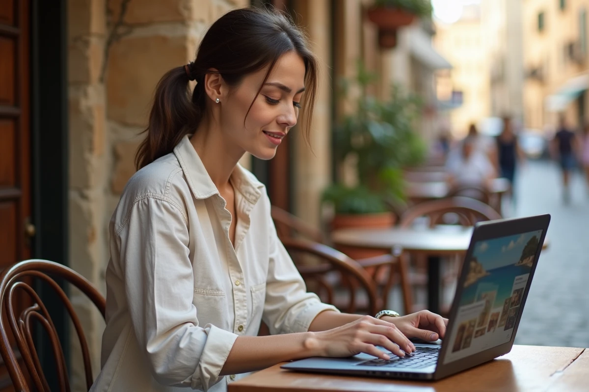 Femme consultant un site de tourisme en ligne sur son ordinateur portable dans un café de rue européen