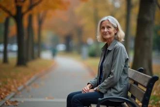 Femme mature assise sur un banc en bois dans un parc automnal, incarnant la résilience et la sérénité intérieure
