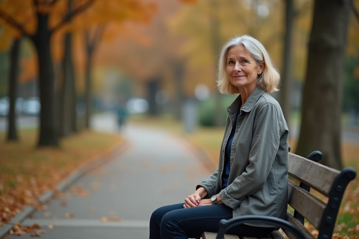 Femme mature assise sur un banc en bois dans un parc automnal, incarnant la résilience et la sérénité intérieure