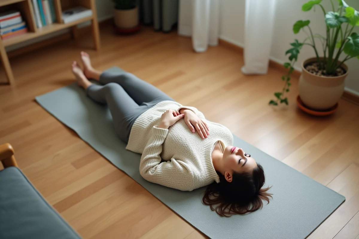Jeune femme allongée pratiquant la respiration diaphragmatique sur un tapis de yoga pour ouvrir les bronches et mieux respirer