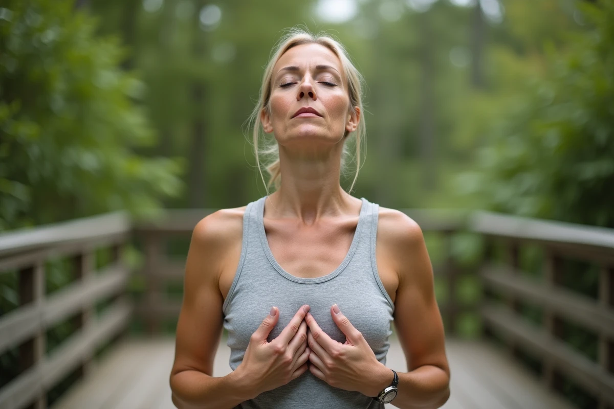 Femme pratiquant une respiration profonde en plein air pour ouvrir les bronches et améliorer la capacité respiratoire