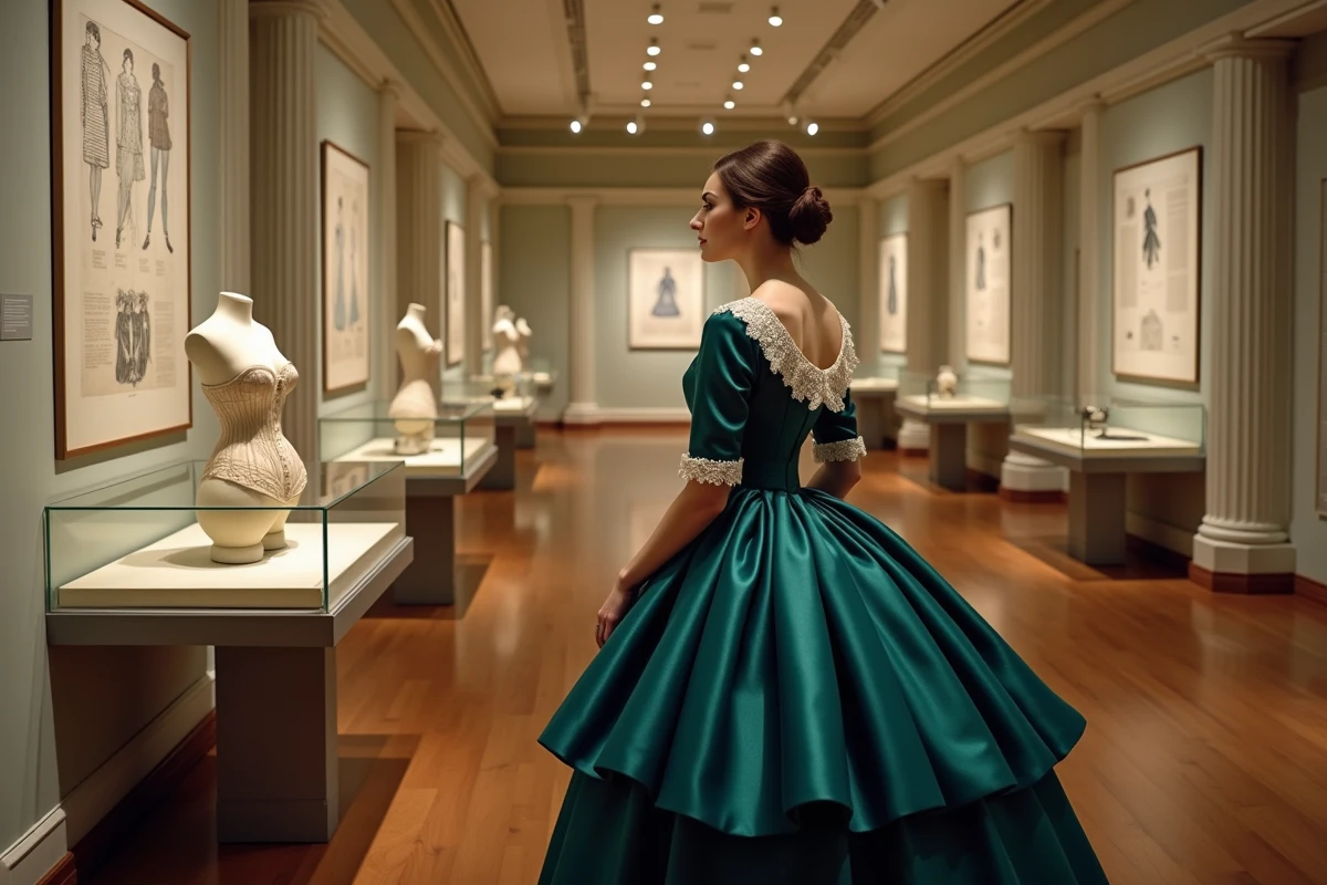 Femme en robe victorienne admirant une exposition de l'histoire de la mode dans un musée européen au décor classique