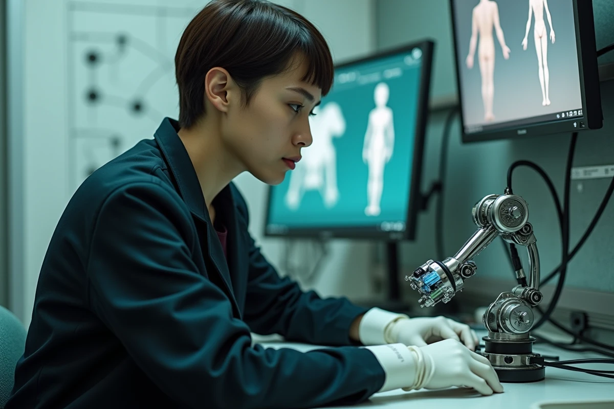 Jeune femme pilotant un bras robotique chirurgical miniature avec des gants haptiques dans un laboratoire de robotique