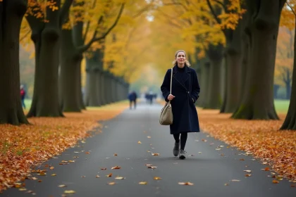 Femme marchant seule sur un chemin du Bois de Boulogne en automne, entourée d'arbres denses, illustrant la question de la sécurité dans le parc parisien