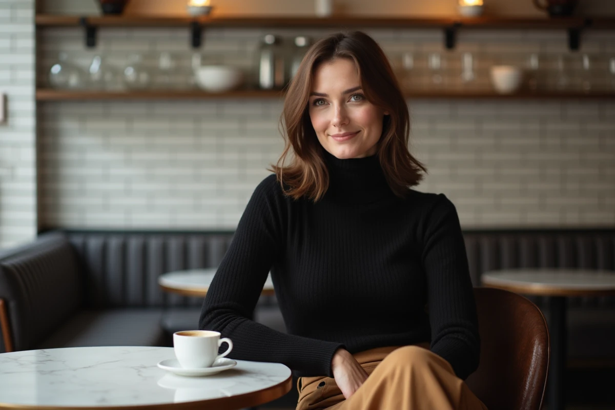 Femme sophistiquée en col roulé noir et pantalon camel assise dans un café parisien élégant